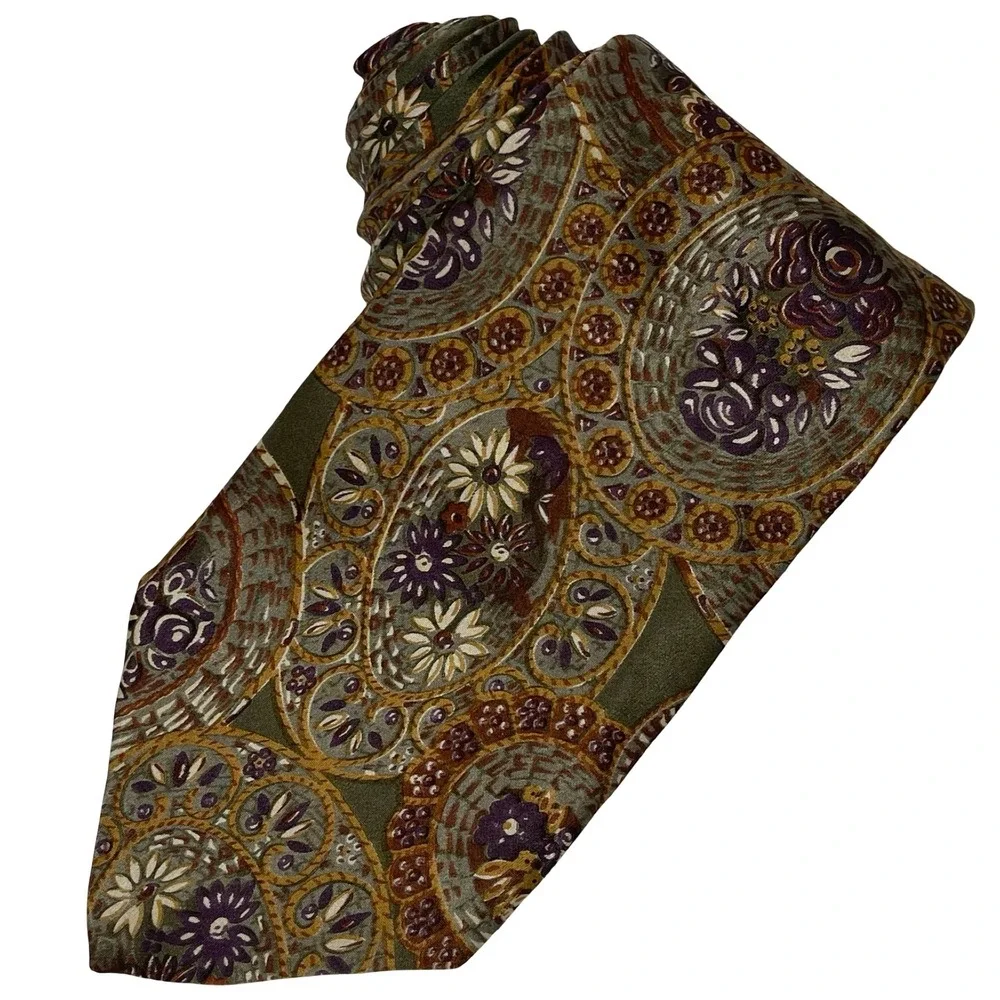 Vintage Allen Solly Silk Necktie Tie Green Purple Paisley Floral Medallion Print